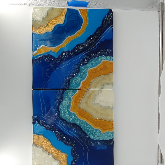 Resin Geode on canvas set in Blue and Gold