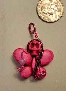 Wirewrapped Pink Sugar Skull Butterfly Pendant