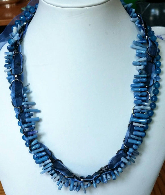 Blue To the Max- stone, coral ribbon and chain
