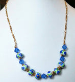 Glass Forget-me-nots and Swarovski in Blue on Gold Chain