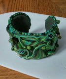 Shibori Soutache cuff bracelet in greens and glass