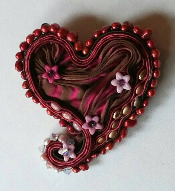 Raspberry Truffle-Soutache and Shibori Ribbon heart brooche