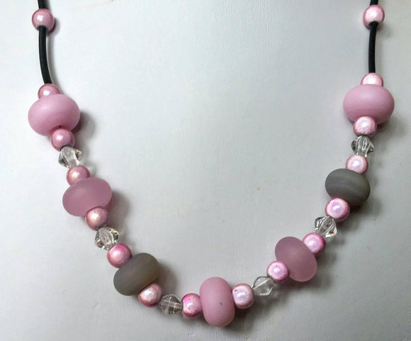 Etched Pink Glass and Black Bracelet and Necklace