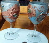 Chameleon Creepy Eye Goblet Pair-wine glass set.  Unique wine glasses.