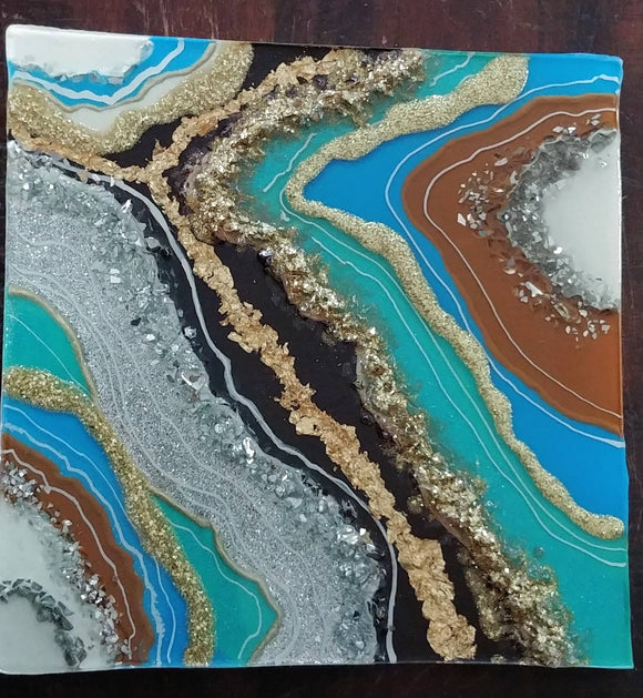 Resin Geode Painting Blue Black and Gold