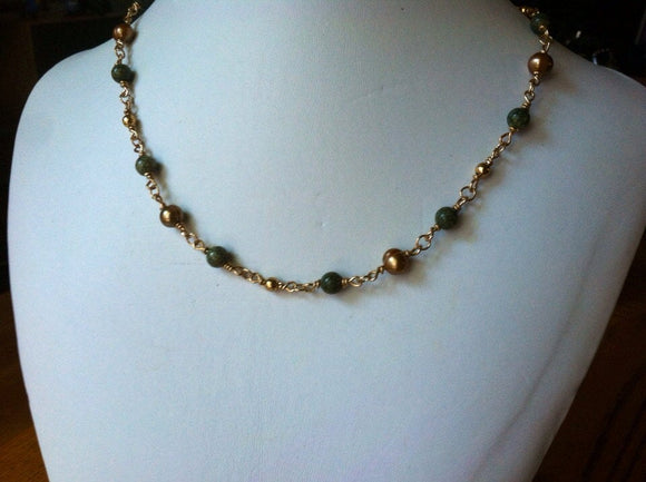 Stone and Pearl -Maverick Jewels-green & gold necklace