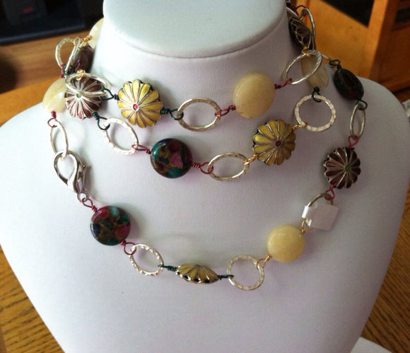Cloisenne Necklace - Cloisenne Flowers with Ruby, Emerald, & Sapphire