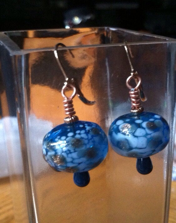 Gold and Blue Blown Glass Earrings Maverick Jewels-Lightly Blue
