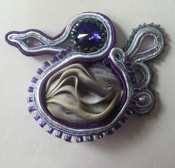 Purple Swan shibori & soutache brooch