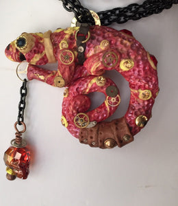 Happy Steampunk Dragon with fiery Swarovski skull pendant with chain